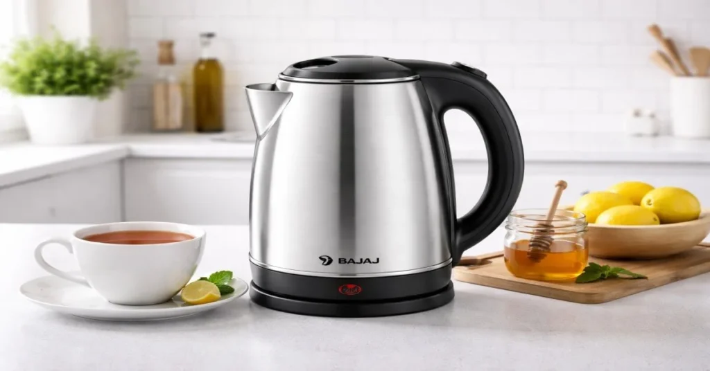 Bajaj Electric Kettle stainless steel model in kitchen