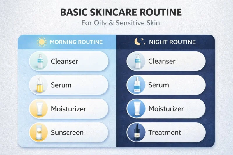 Basic skincare routine chart for oily and sensitive skin