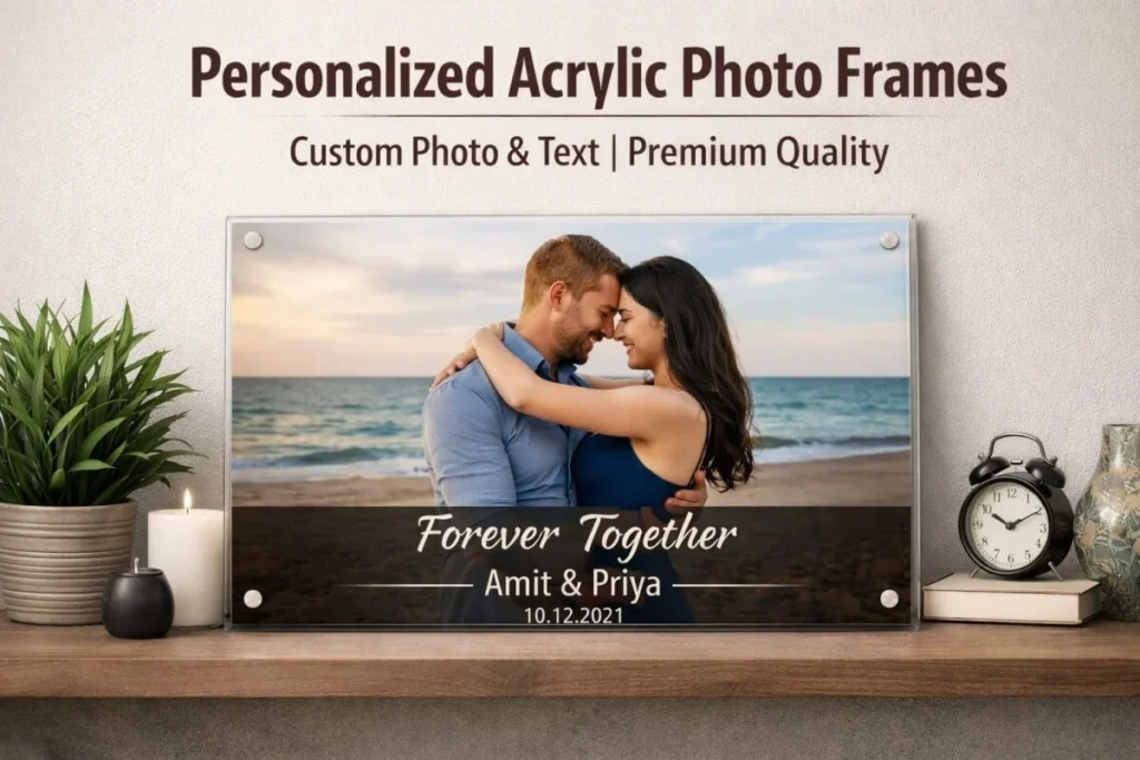 Personalized acrylic photo frame with custom photo and glossy finish wall decor