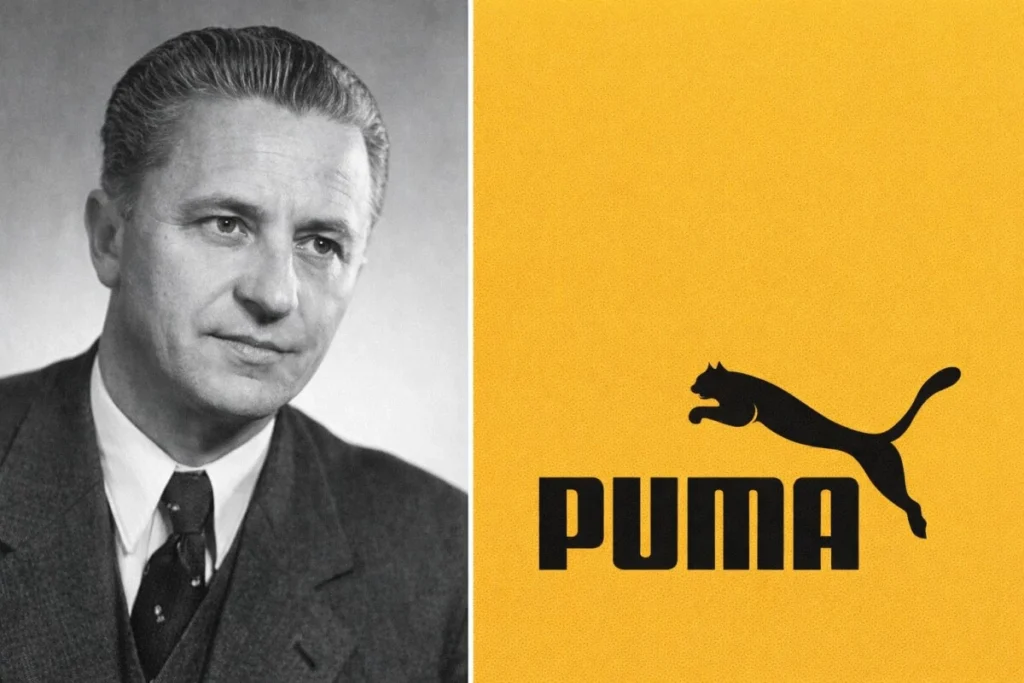 Rudolf Dassler founder of Puma with early Puma logo