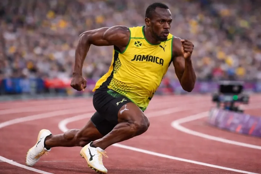 Usain Bolt wearing Puma branded sports shoes during track race