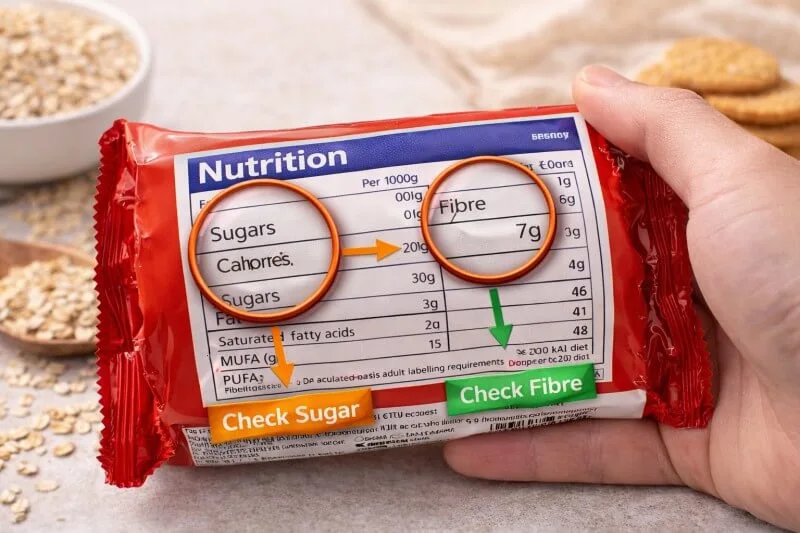 how to read biscuit nutrition label sugar fiber India