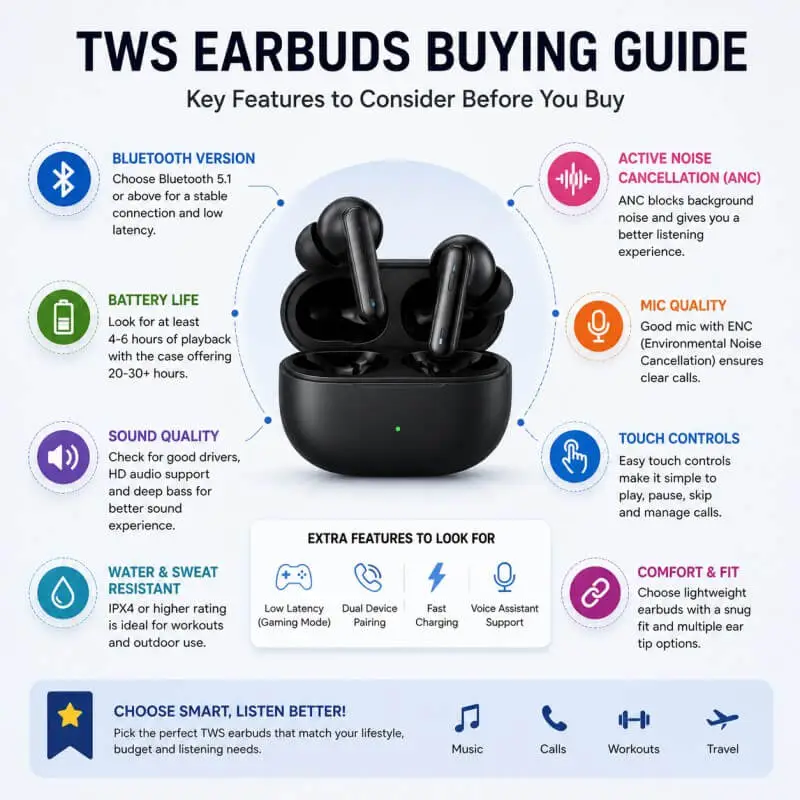 tws earbuds features anc battery bluetooth guide