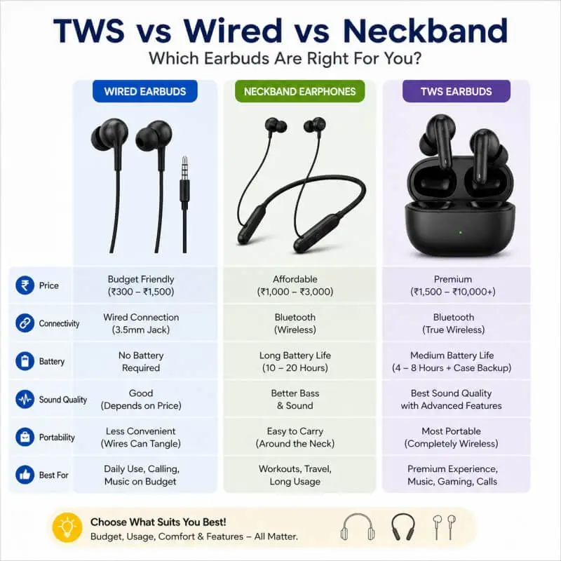tws vs wired vs neckband earbuds comparison image