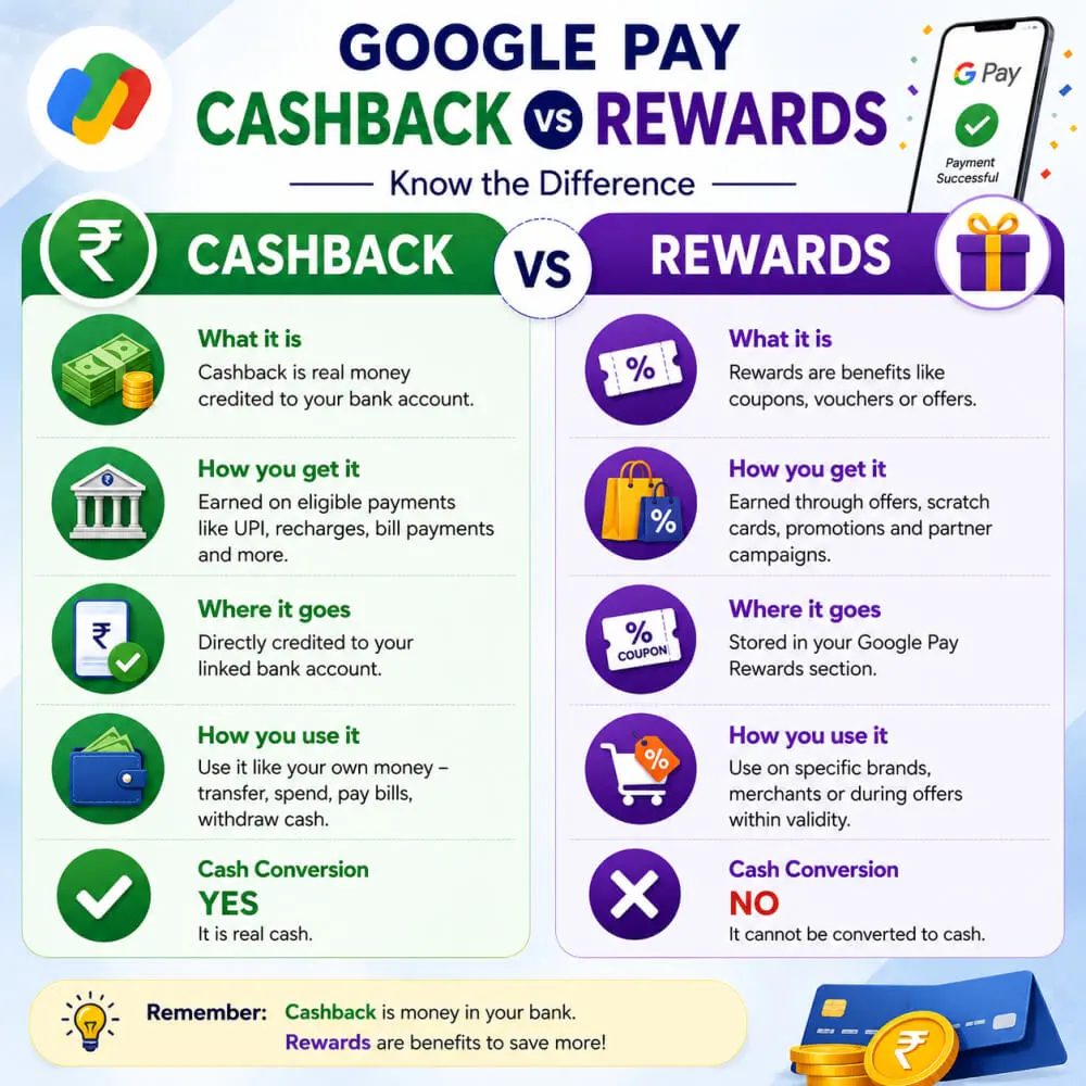 Difference between Google Pay cashback and rewards